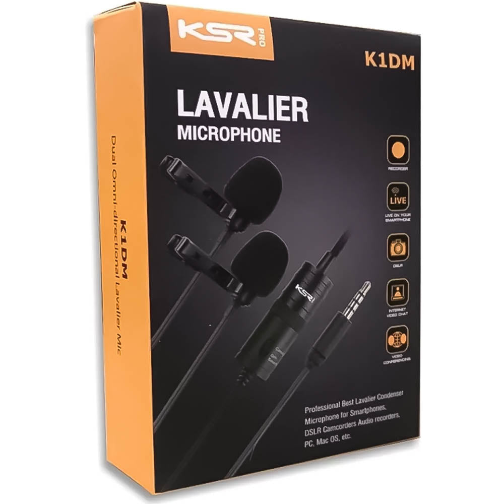Microfone Lapela Profissional KSR PRO K1DM Omnidirecional Duplo